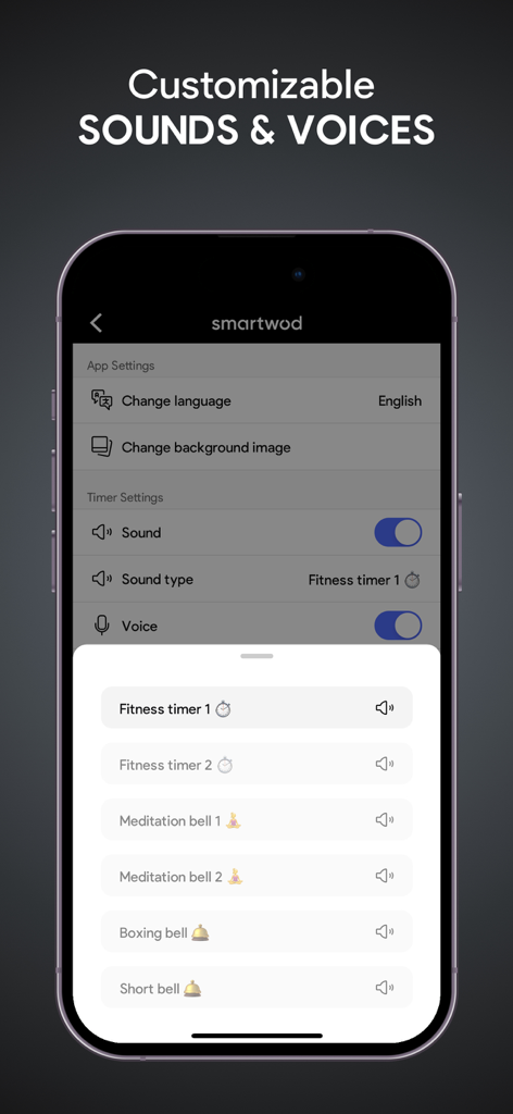 Customizable sound and voice options in the SmartWOD Timer app settings
