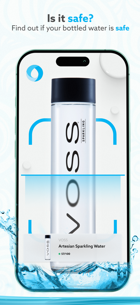 H20Score - Water Rankings - H2OScore app interface scanning a VOSS water bottle to display its safety rating