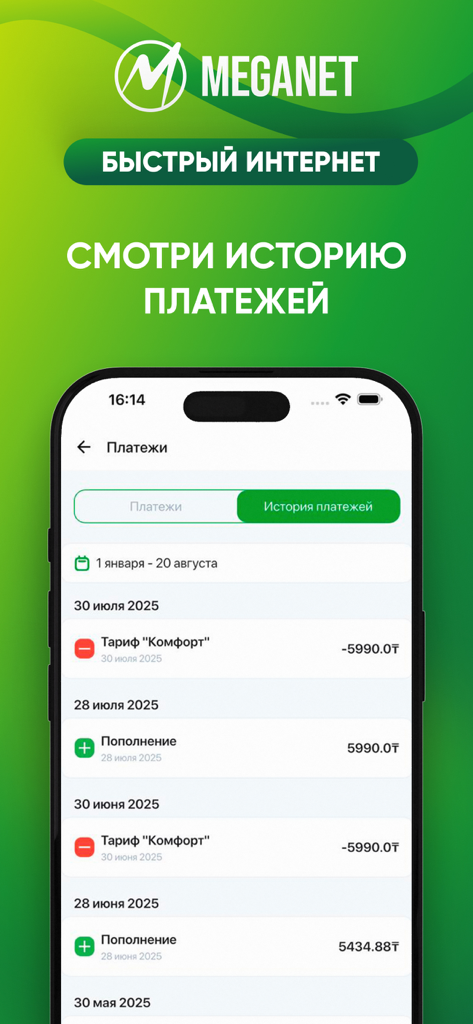 Screenshot of Meganet mobile app displaying payment history and transaction details for internet services