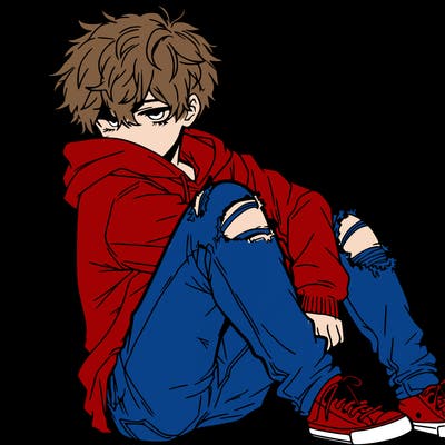 a male hoddie ripped jeans messy hair anime