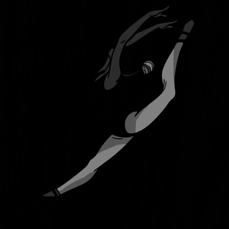 gymnast doing a leap in a leotard with a bent back leg