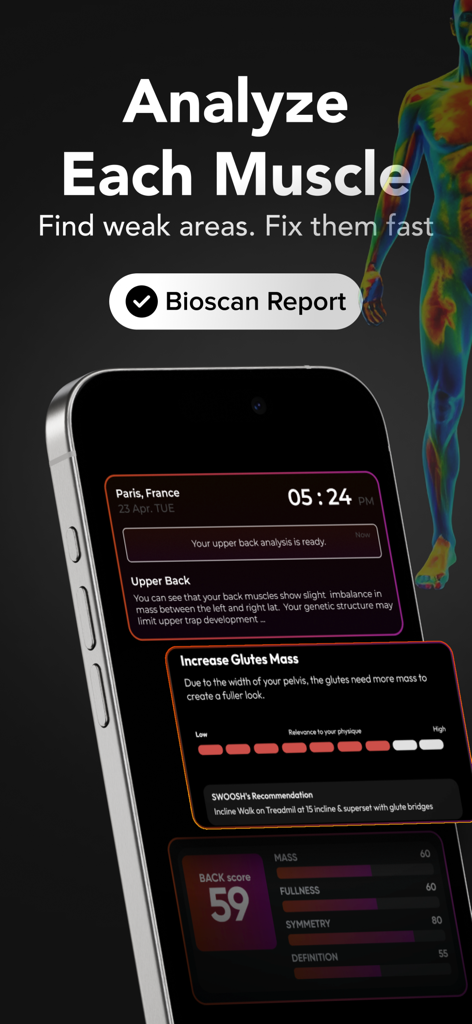 A smartphone displaying a detailed Thelo AI BioScan report with muscle mass, symmetry, and definition metrics for an upper back analysis.