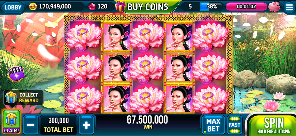 Prosperity Slots Casino Game - Prosperity Slots game interface displaying a large win on an Asian themed slot machine with pink lotus flowers