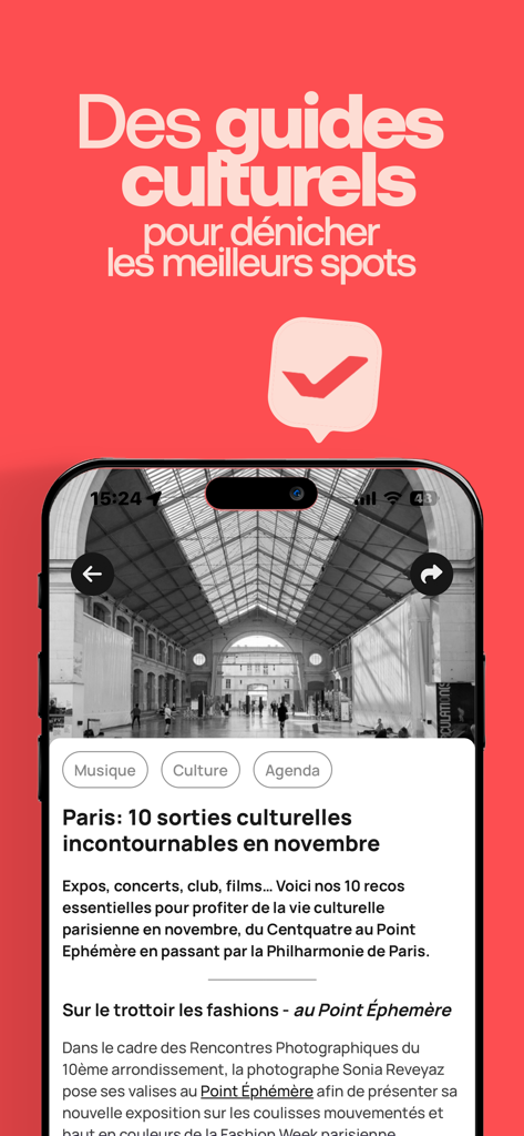 durevie: agenda sorties & news - Interfaz de la aplicación Durevie que muestra una guía cultural curada de eventos y actividades en París
