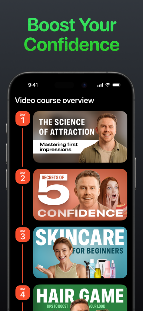 Mobile app screenshot showing a video course overview for self improvement including attraction and skincare lessons