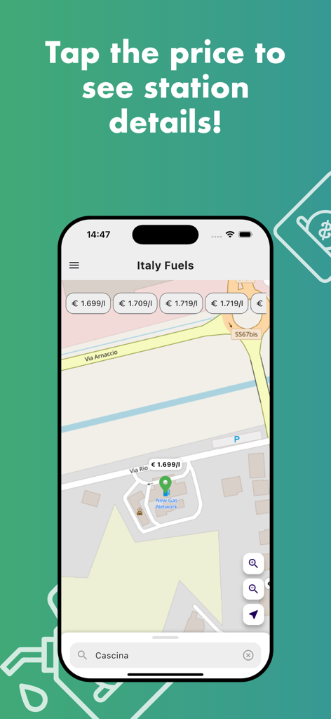 Italy Fuels - Map view of the Italy Fuels app showing nearby gas stations with real-time fuel prices.