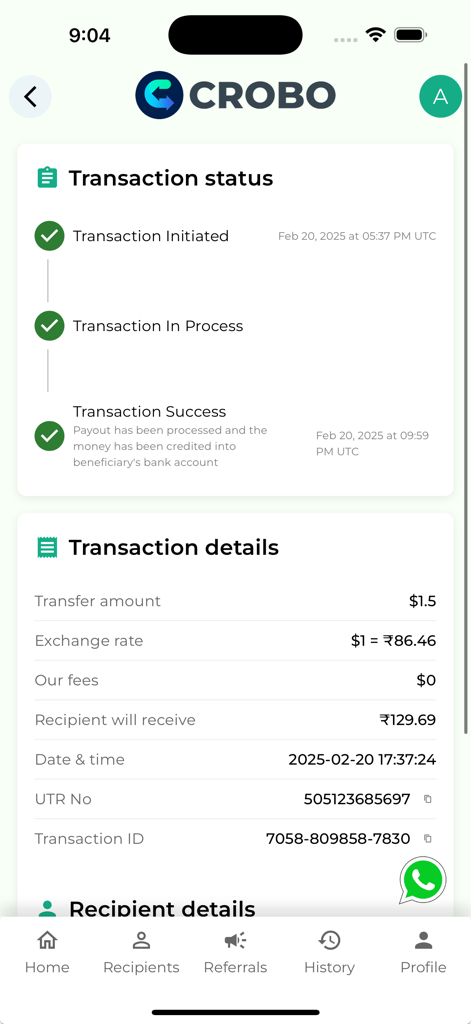 Crobo - Écran de l'application mobile Crobo affichant le statut d'une transaction réussie et les détails d'un transfert d'argent des États-Unis vers l'Inde.