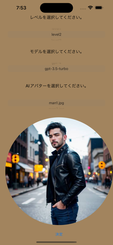 AI Lip Sync Real Conversation - 会話レベル、AIモデル、キャラクターアバターを選択するためのAIリップシンクアプリのインターフェース。。