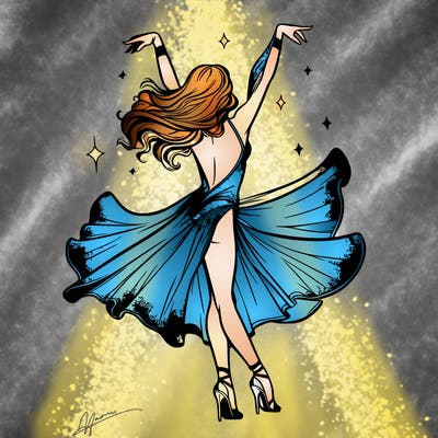 dancer dancing with a shimmery costume on realistic