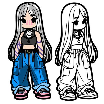 girl in baggy pants crop top and long hair