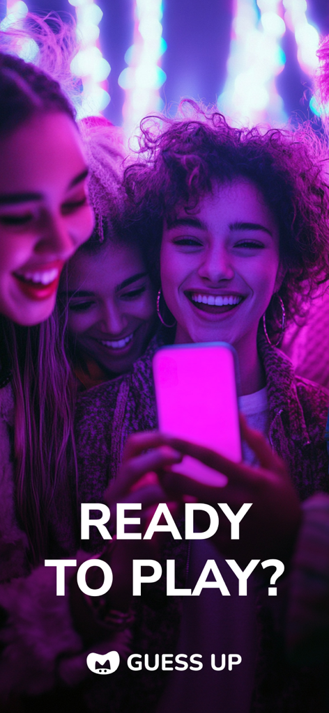 Guess Up: Who am I? - A group of young friends laughing and playing the Guess Up game together on a smartphone at a party