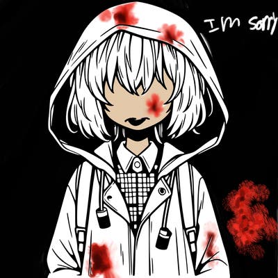 little anime girl in a raincoat her hair is covering her eyes she has a lighter