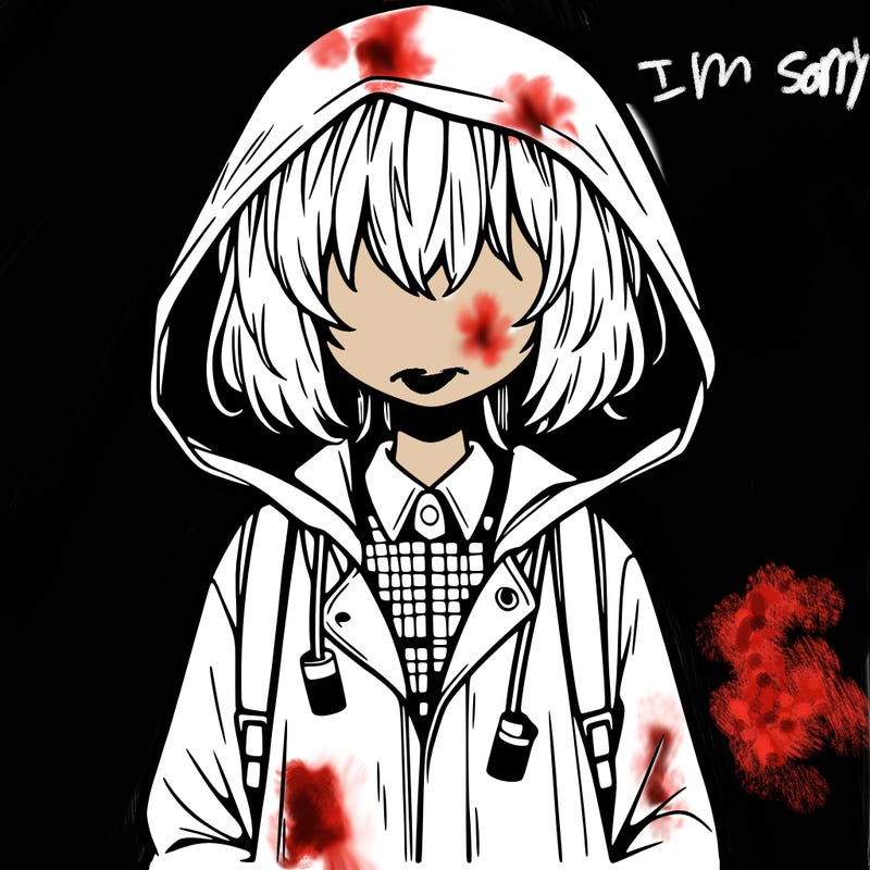 little anime girl in a raincoat her hair is covering her eyes she has a lighter