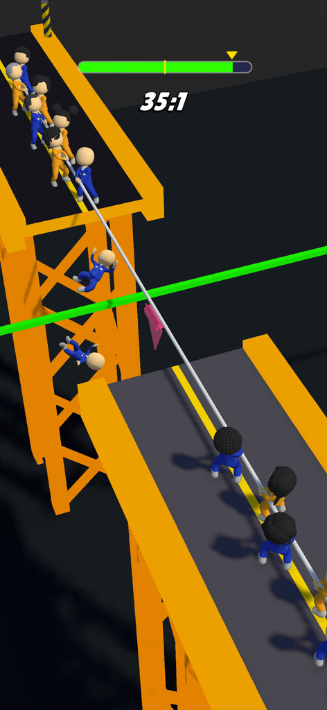 Prison Survival: Tap Challenge - A high-stakes tug of war challenge with characters in jumpsuits competing over a dangerous gap