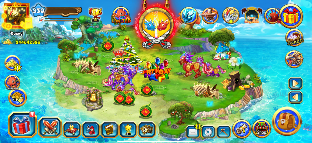 Gameplay screen of Dao Rong Mobile showing dragons on a tropical Viking island with game UI