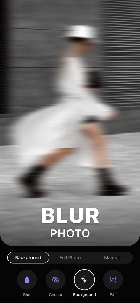Blur Photo - Effect Editor - Benutzeroberfläche der Blur Photo App, die einen Bewegungsunschärfe-Effekt auf eine gehende Person zeigt.