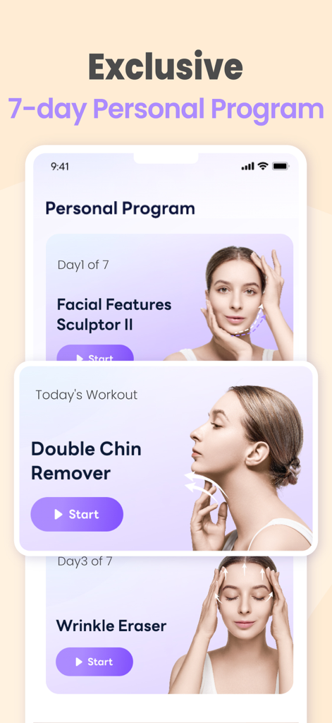 FaceYogi - Face Yoga, Massage - FaceYogiアプリのスクリーンショットで、二重あごやしわのエクササイズを含む、パーソナライズされた7日間顔ヨガプログラムが表示されている様子。