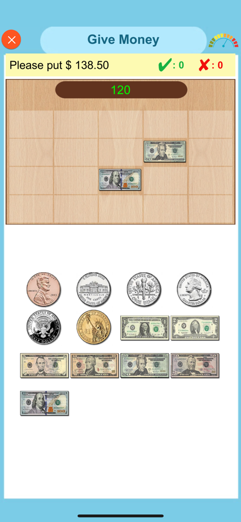 Learn Money Counting - Pädagogische Spieloberfläche, die eine Transaktionssimulationsaufgabe mit US-Banknoten und Münzen zeigt, damit Kinder das Zählen von Währungen lernen können.