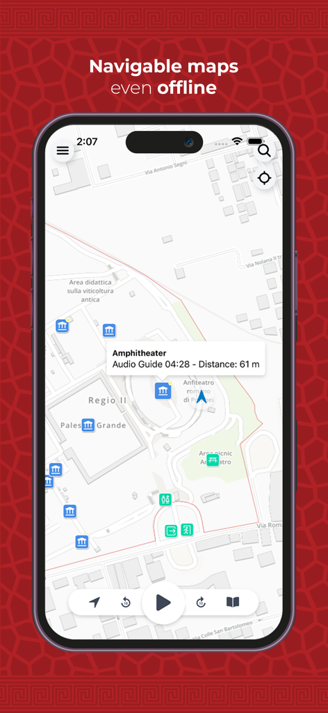 Interfaz de mapa sin conexión de la aplicación Discover Pompeii con el Anfiteatro y controles de audioguía