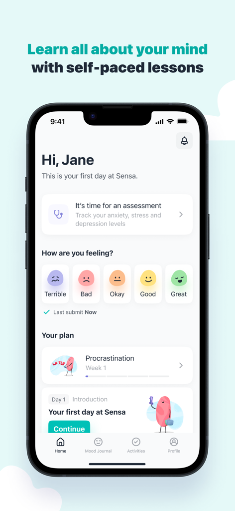 Sensa - Mental Coach - Sensa mental coach app home screen featuring a mood tracker, procrastination plan, and daily self paced lessons