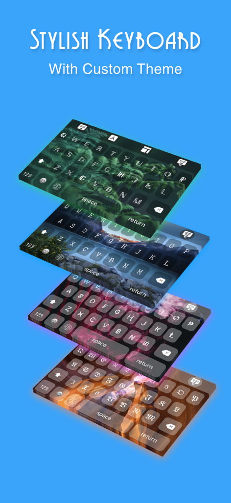 Uma exibição de quatro temas de teclado elegantes diferentes com estilos de fonte personalizados e imagens de fundo estéticas