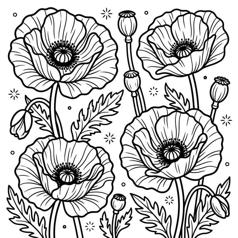 Dive into a field of beautiful oriental poppies with this specially designed coloring page for toddlers. Its ultra-thick lines and large, simple shapes make it perfect for developing motor skills and sparking creativity.