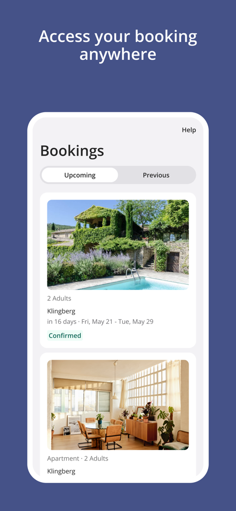 A mobile screen showing upcoming vacation home bookings with images of a villa and a modern apartment