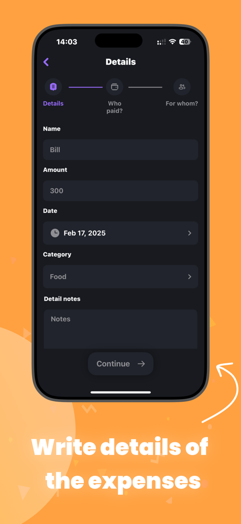 Cost Split Payments: Settle Up - Interfaz de iPhone que muestra cómo ingresar los detalles de un gasto, incluyendo nombre, monto y categoría en la aplicación Splitility