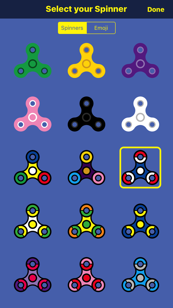 Super Spinner - Fidget Spinner Simulator - Ein Menübildschirm in der Super Spinner App, der ein Raster bunter Fidget Spinner zur Auswahl zeigt.