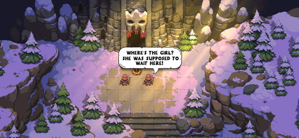 Dungeons of Dreadrock - Una escena de diálogo en arte de píxeles en la entrada de la Montaña Dreadrock con cara de calavera en un paisaje nevado.