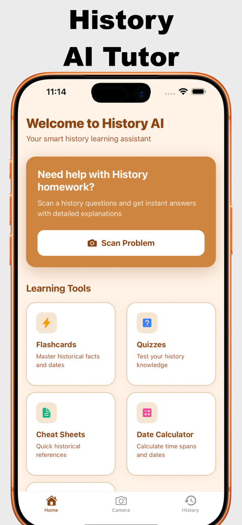 The home screen of the History AI app featuring a scan problem button and academic learning tools.