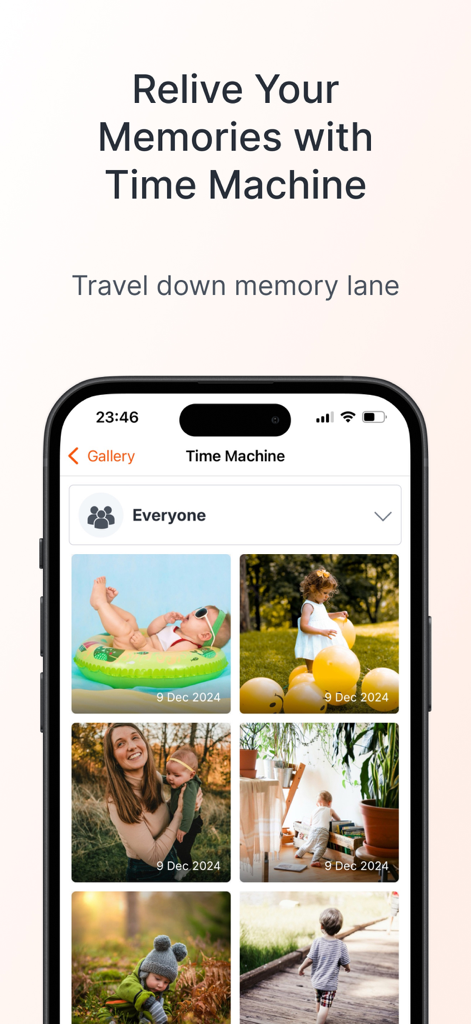 23snaps: Private Family Album - 23snaps app interface showing the Time Machine feature with a gallery of private family photos