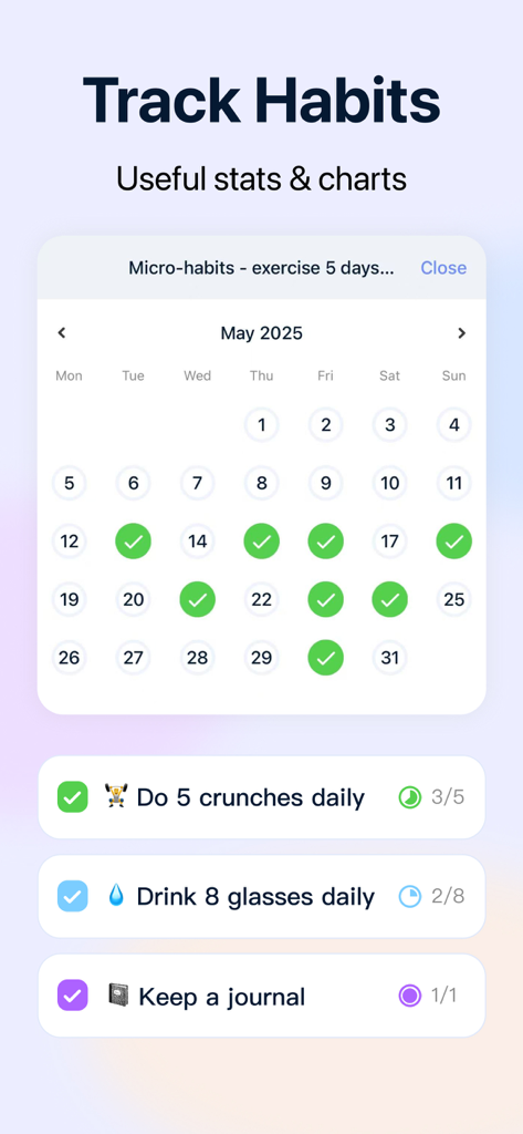 GoalMap: Goal Planner & To-Do - GoalMap habit tracking screen showing a monthly calendar with progress checkmarks and daily micro-habits like exercise and hydration