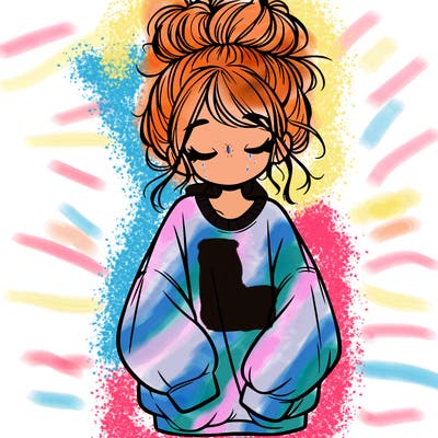 girl with baggy sweatshirt and messy bun