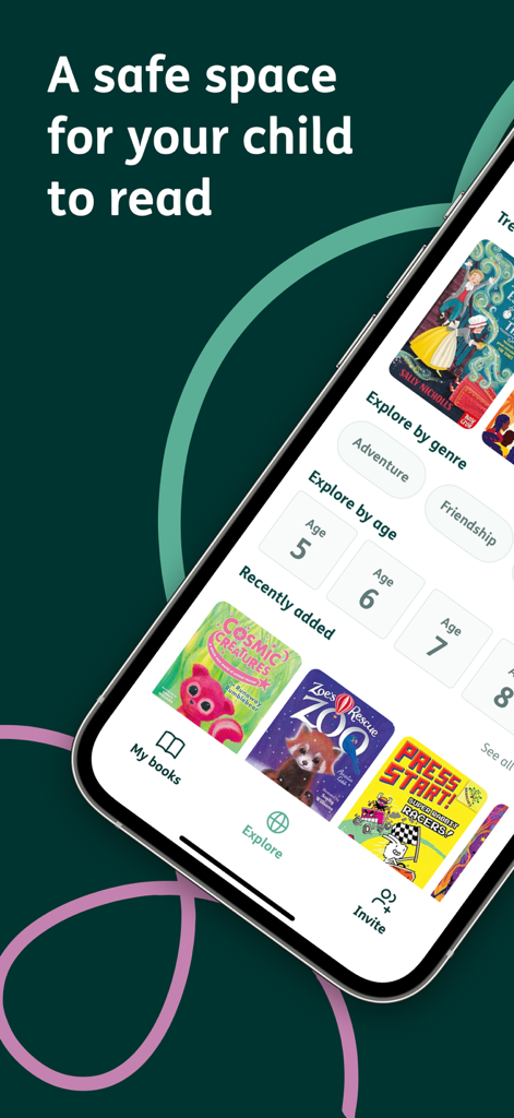 Little Reads: Reading App - Little Reads app interface showing a variety of children books categorized by age and genre under the headline A safe space for your child to read