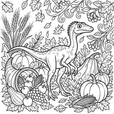 Embark on a unique coloring adventure featuring a curious Compsognathus amidst a vibrant Thanksgiving harvest scene. This delightful page combines prehistoric charm with festive fall abundance, perfect for all ages.