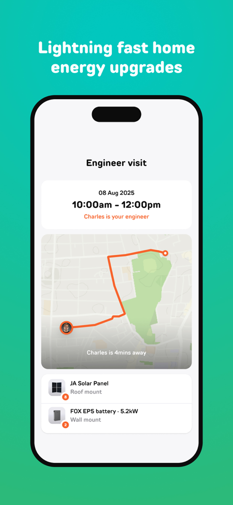 Fuse Energy - Fuse Energy app screen showing real-time engineer tracking on a map for solar panel and battery home upgrades