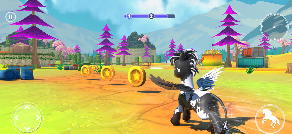 Little Unicorn Running Game 3D - A black and white winged pony running in a 3d landscape while collecting gold star coins