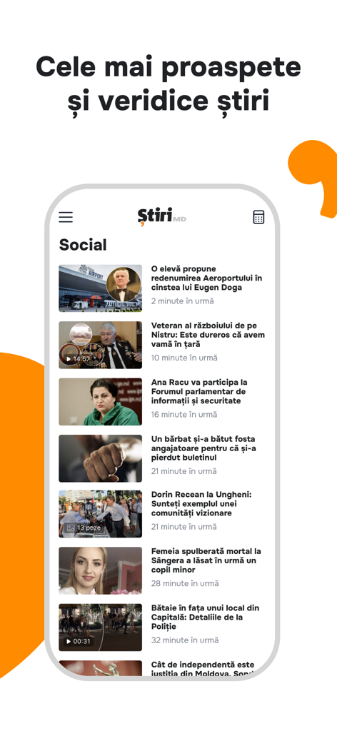 Stiri.md - Știri din Moldova - Mobile interface of the Stiri.md app showing a social news feed with articles from Moldova in Romanian