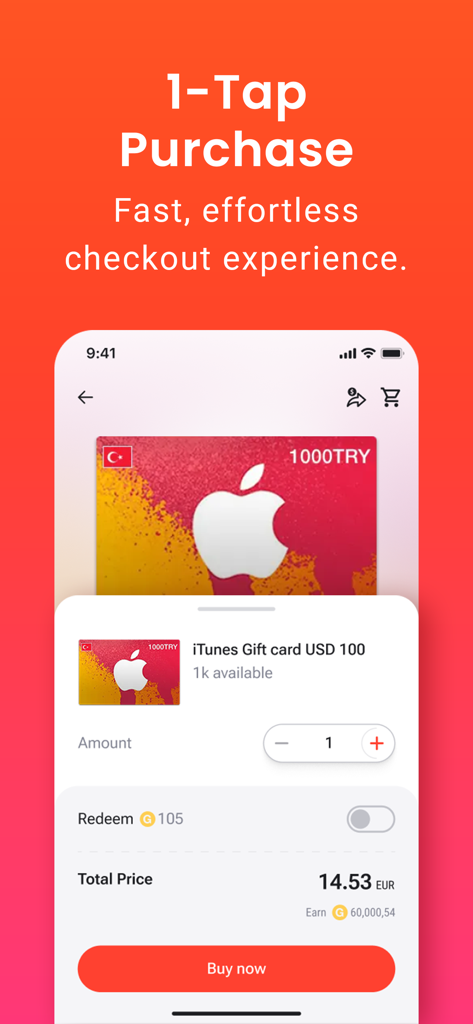 G2G - G2G mobile app interface showing a one-tap purchase screen for an iTunes gift card with a fast checkout option.