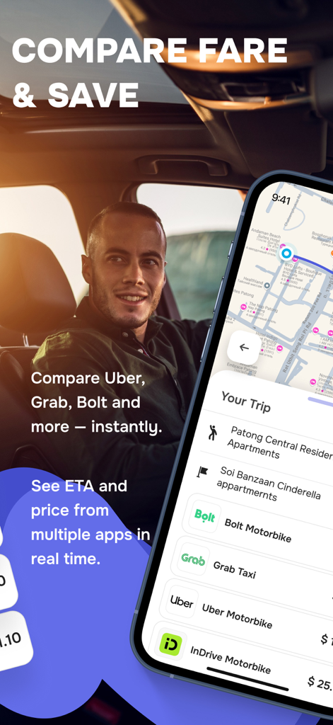 HeyTaxi: Taxi Aggregator - HeyTaxi app interface comparing ride prices and ETAs from Uber Bolt and Grab