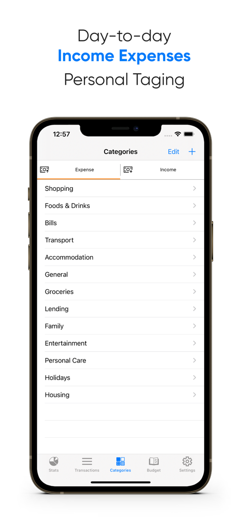 Mobile app screen displaying various expense categories like shopping food and bills for budget management