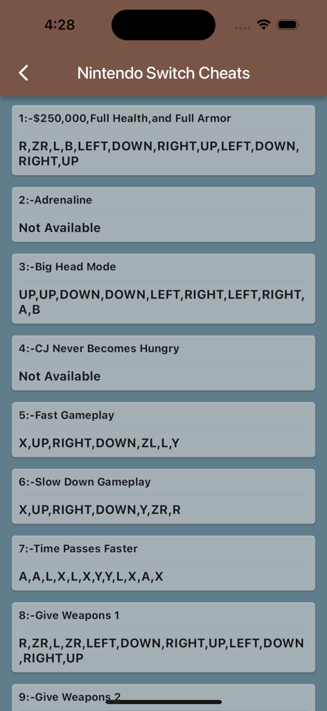 List of Nintendo Switch cheat codes for GTA San Andreas