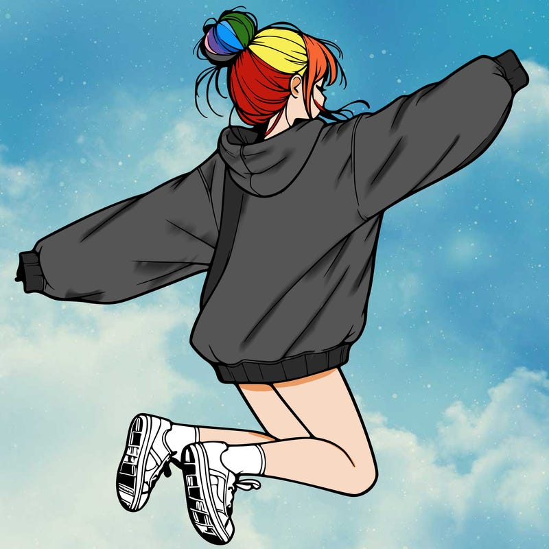 realistic girl jumping with a bun and oversized sweatshirt