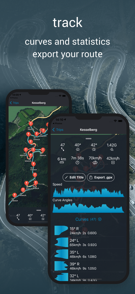 Curve Tracker for Motorbike - Schnittstelle der Motorrad-App, die Routenverfolgung auf einer Karte und detaillierte Schräglagenwinkel-Statistiken auf iPhone-Bildschirmen zeigt.