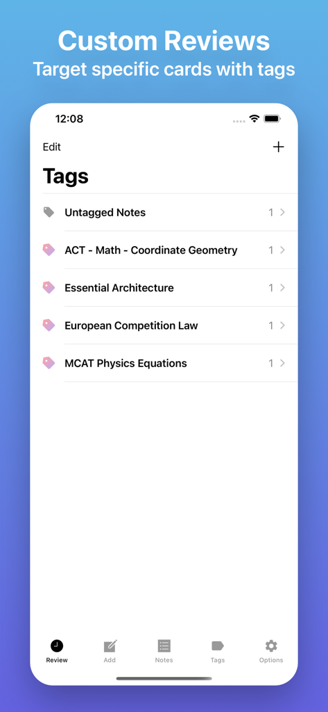Flash Cards - Flashcards Maker - Interface do app Flash Cards mostrando etiquetas para organizar materiais de estudo como MCAT e Direito