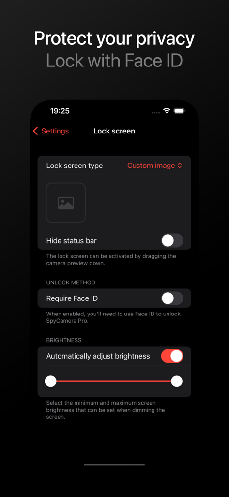 SCamera Pro - Interfaz de la aplicación SCamera Pro que muestra la configuración de privacidad con opciones para requerir Face ID y personalizar la pantalla de bloqueo