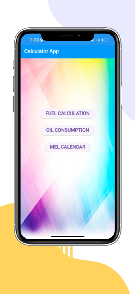 Fuel & Oil Calculator - Main menu of the Fuel and Oil Calculator app featuring fuel calculation and oil consumption options