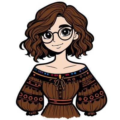 one girl with medium short hair, which are wavy. she has round glasses. she wears a latina outfit.