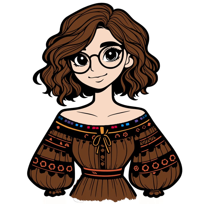 one girl with medium short hair, which are wavy. she has round glasses. she wears a latina outfit.